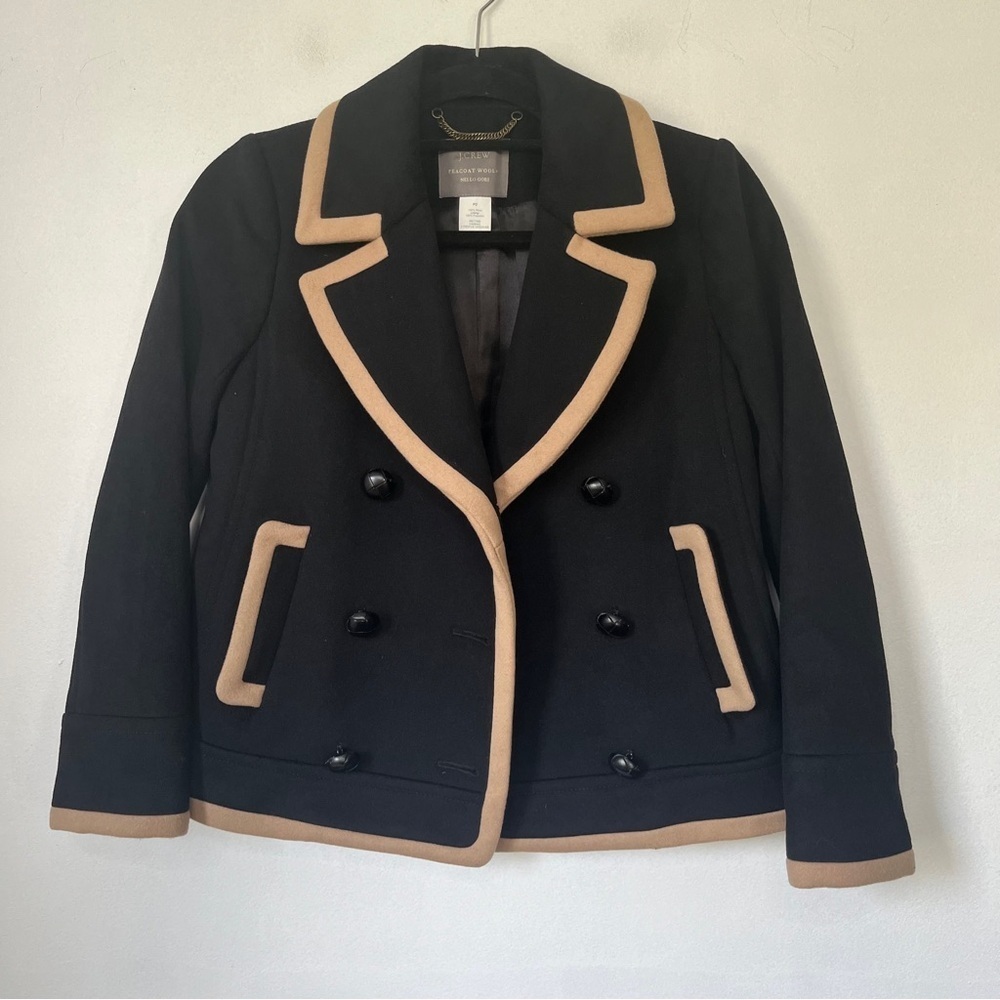 J. Crew Peacoat Wool by Nello Gori Size P2 Double Breasted Black Tan Trim - Picture 2 of 11
